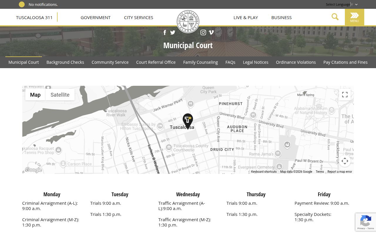 Tuscaloosa Municipal Court information page
